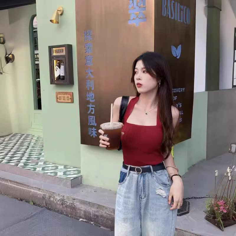 跨境港式复古红色挂脖小背心女早春性感辣妹修身露背针织上衣