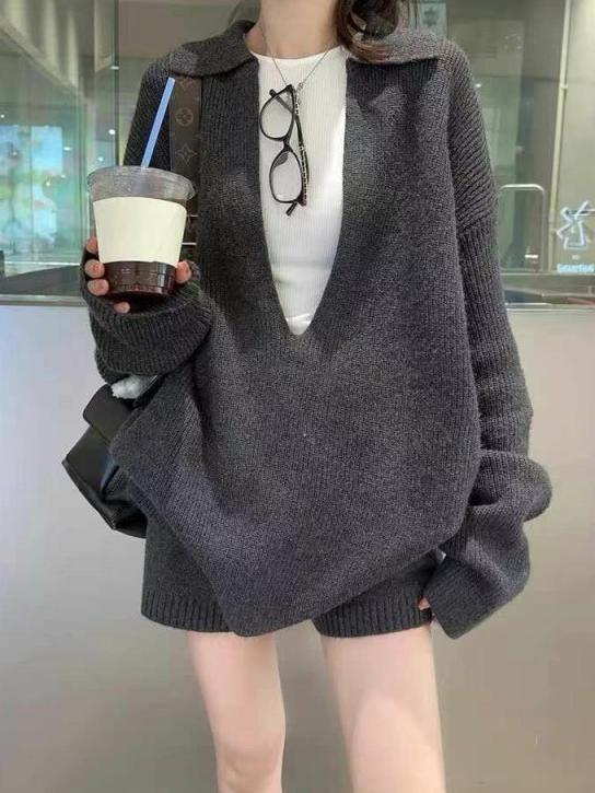 慵懒松弛v领女式毛衣套装2025秋冬新款宽松显瘦针织衫短裤两件套|undefined