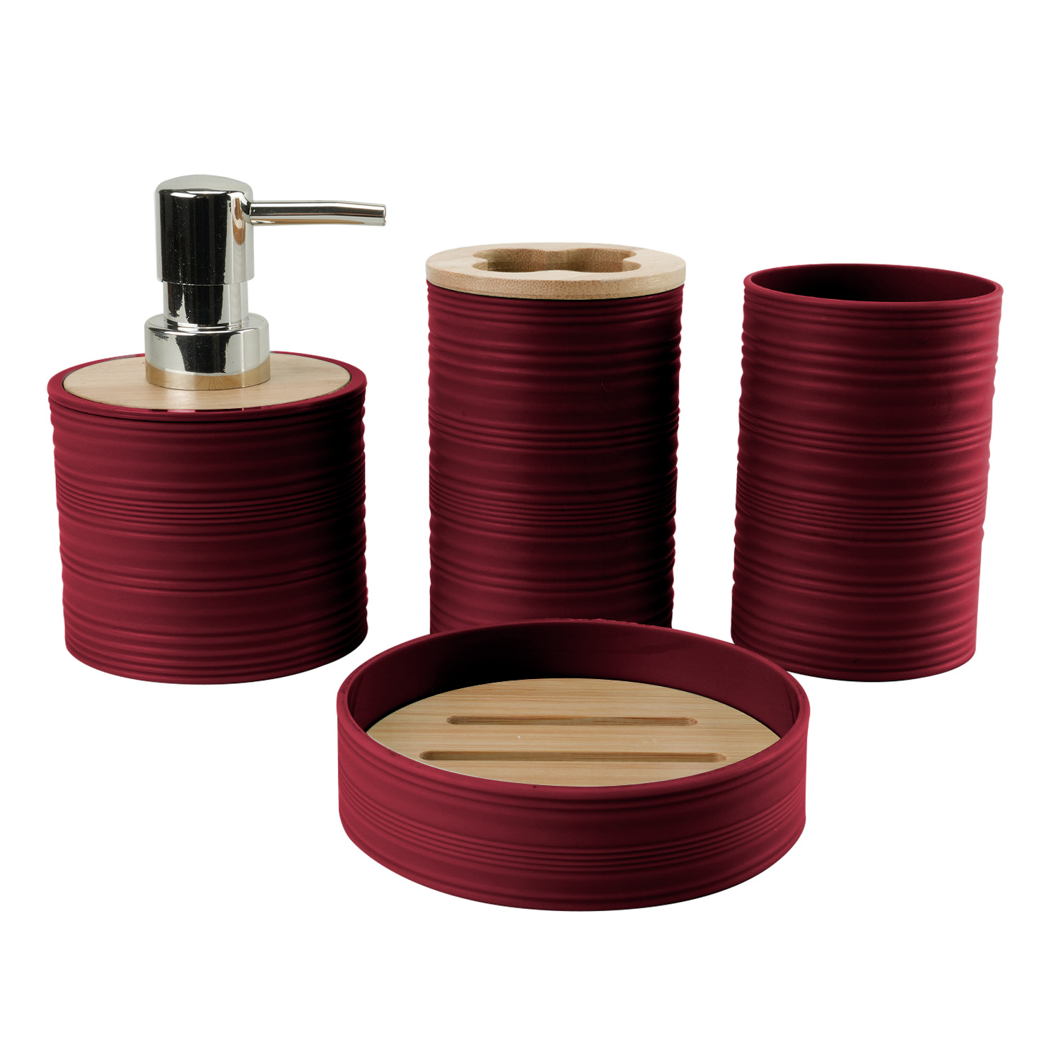 Tapa de bambú de patrón horizontal Juego de plástico de lavado de baño de cuatro piezas de fábrica al por mayor Estante de almacenamiento de baño Estante de enjuague Funda de estante de cepillo de dientes