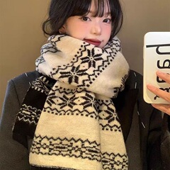 2025新款费尔岛针织黑色双面围巾女冬保暖百搭雪花氛围感情侣围脖