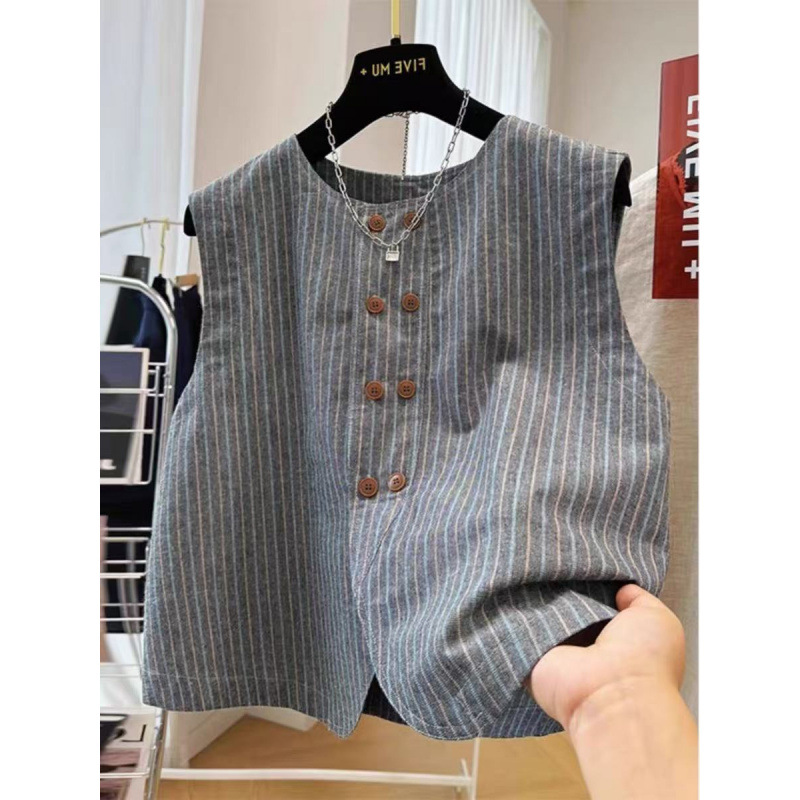 High-End Cotton and Linen Striped Sleeveless Short Outerwear Blazer Vest for Women, Summer Thin Jacket Top Trendy