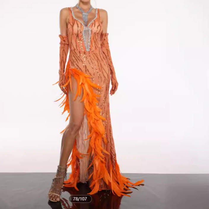 Yellow Sexy Gloves Sleeveless Backless V Strap Diamond-encrusted Slim-fit Sequin Feather Split Long Floor-length dress