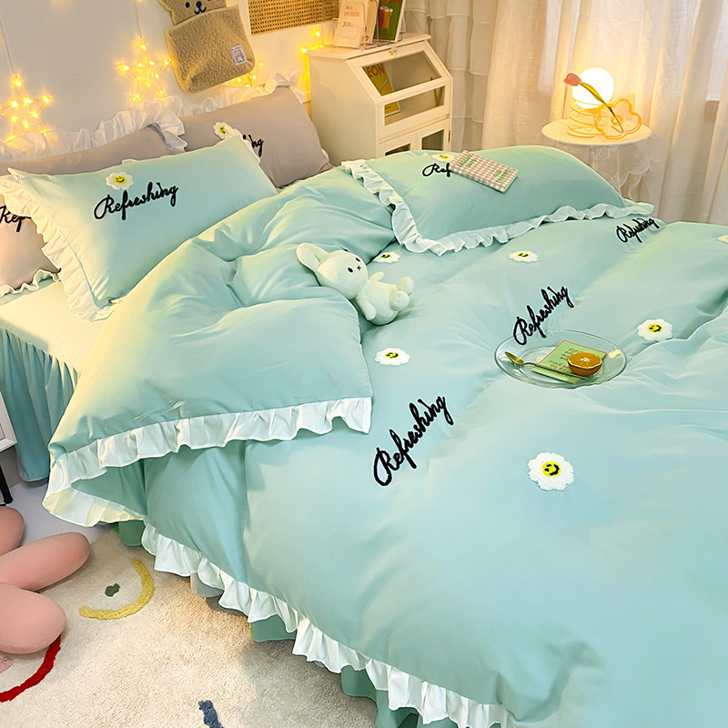 水洗棉公主风床上四件套床裙款宿舍床单人被套三件套床上用品夏季|ms