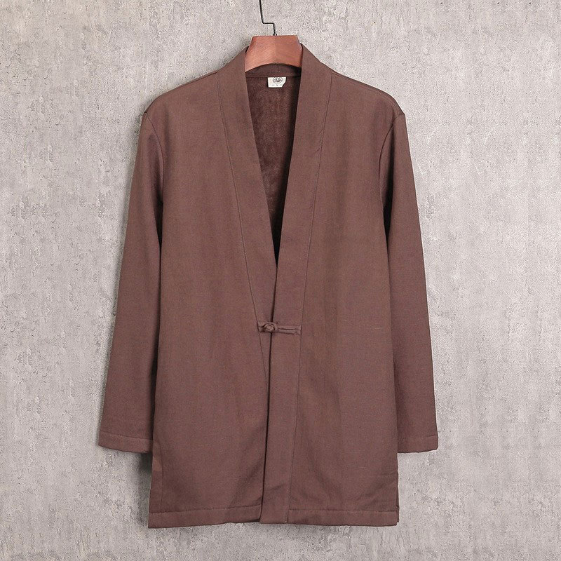 Young and Middle-Aged Men's Linen Tang Suit with Fleece, Hanfu Style, Loose Cardigan, Ethnic Style