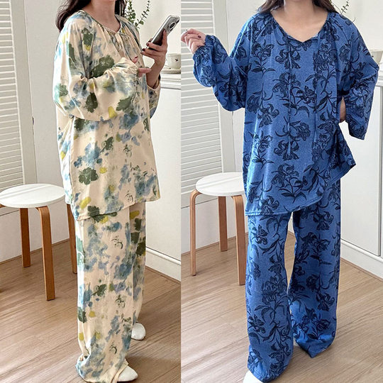 2025 New Cotton Silk Home Clothes Round Neck suit Long Sleeve Trousers plus size Retro Loose Spring and Summer Thin Cotton Pajamas