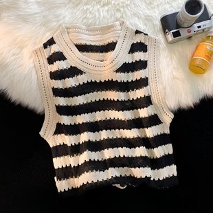 Hollow Striped Short-sleeved Sweater Women's Loose Slim Summer 2022 New Korean Niche All-match Short Top