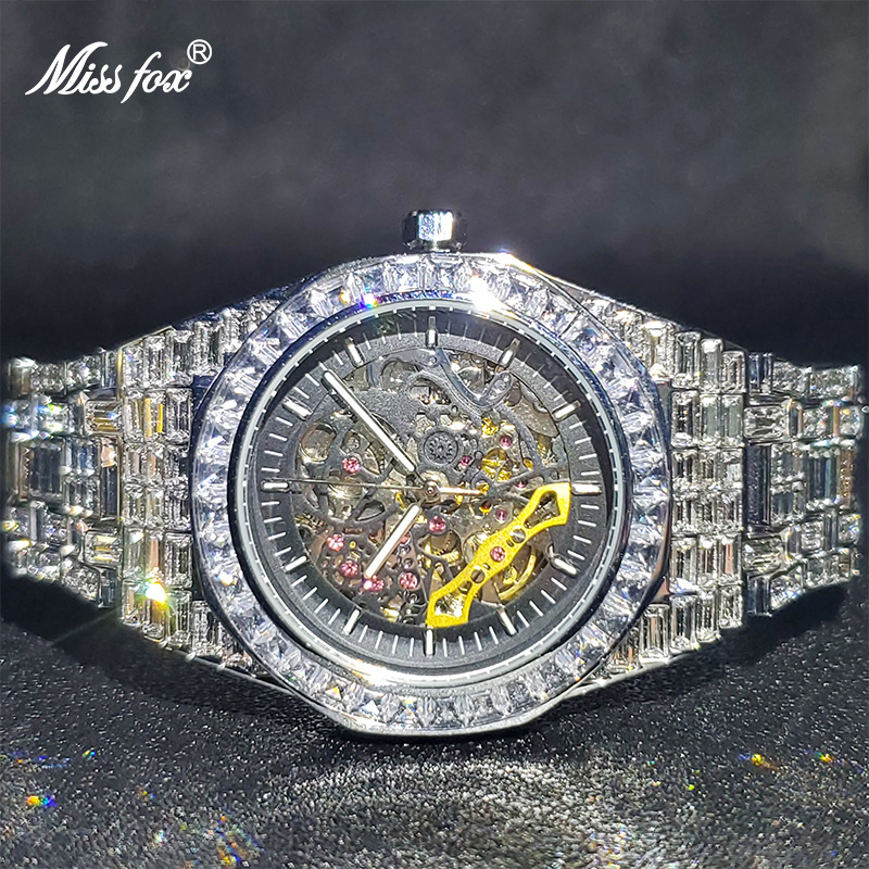 Missfox Silver High-End Men's Watch Full of Diamonds Mechanical Square Diamonds Luxury Sparkling Cut Out Cross-Border Men's Watch