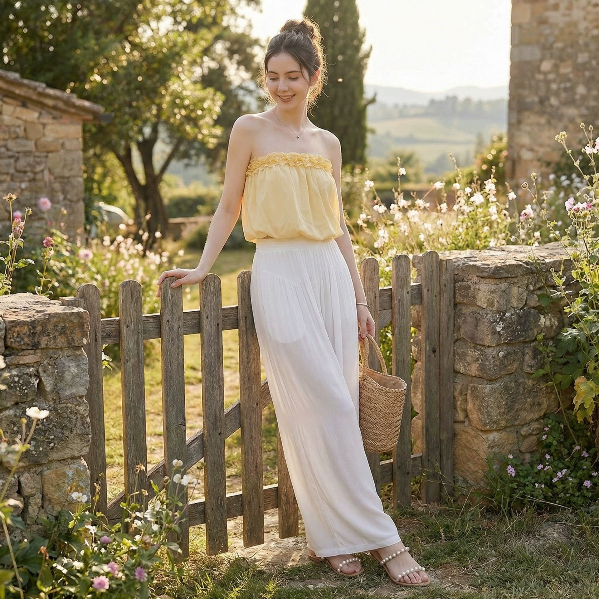 French sloping shoulder top, ear-trimmed one-shoulder blouse, loose, covering the flesh and slimming, resort style Lyocell outer vest