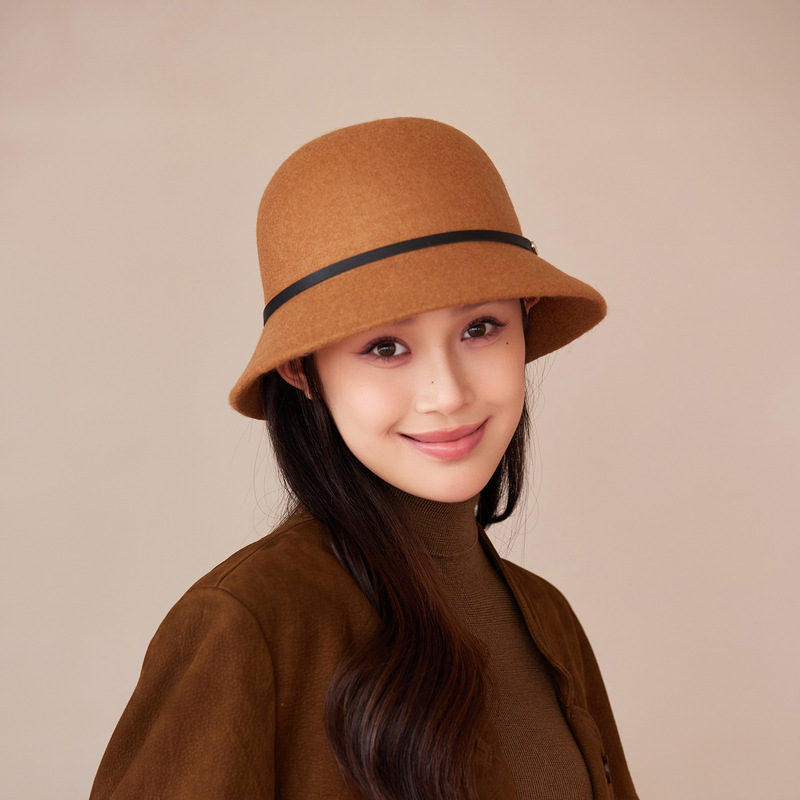 秋冬新款羊毛呢圆顶渔夫帽女显脸小优雅皮带毡帽户外保暖时尚帽子|undefined