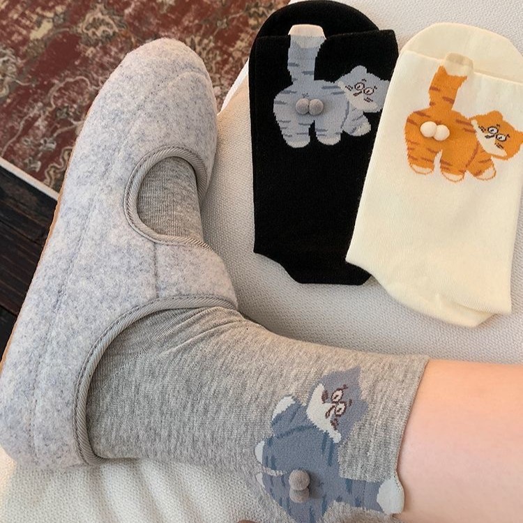 白色卡通猫蛋蛋袜子女夏季ins可爱搞怪中筒袜秋季新款月子袜|undefined