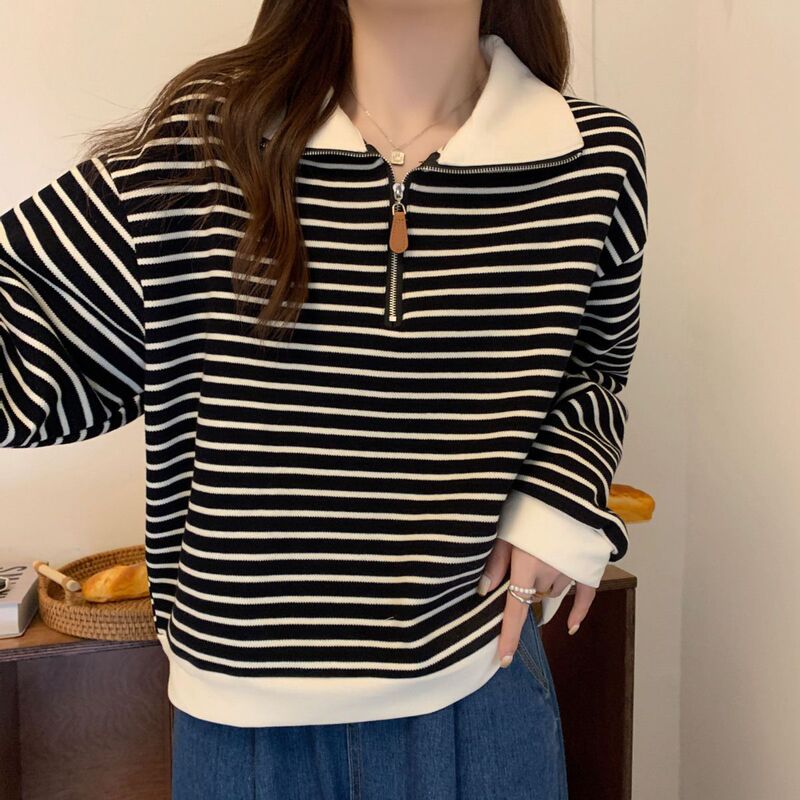 大きいサイズの太ったmmのアメリカの縞のpolo襟の正肩の衛衣の女性の秋の新型のゆったりした半ファスナーの長袖の上着|undefined