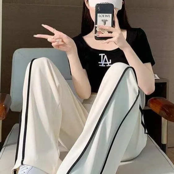 冰丝运动裤子女春夏季薄款新款宽松高腰休闲速干两道杠直筒阔腿裤