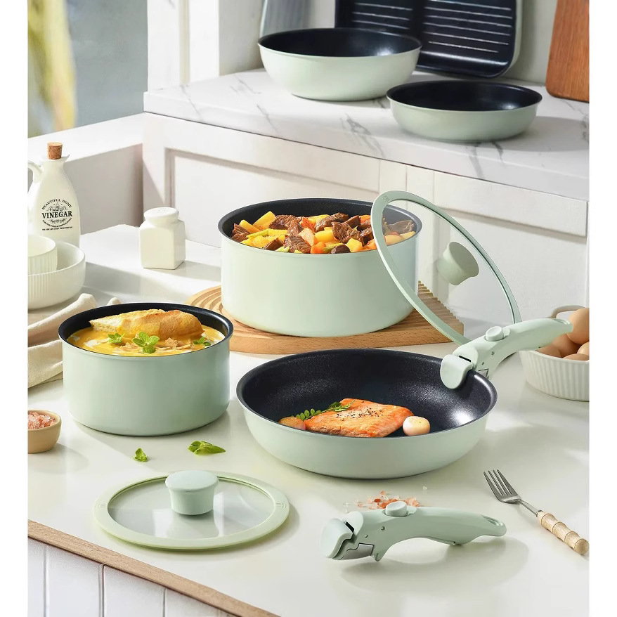 Nuevo juego transfronterizo de ollas con mango desmontable, juego de ollas domésticas, sartén antiadherente, wok completo, sartén de sopa, sartén al por mayor