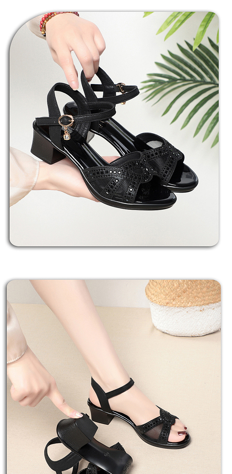 Sandal cao gót nữ quai ngang da thật gót vuông — Màu đen chi tiết 10