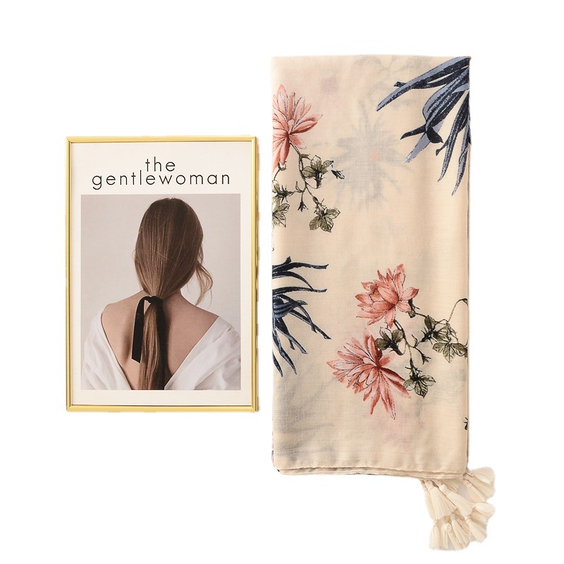 Elegante bufanda de seda fresca de algodón y lino decoración de flores de plantas borla larga bufanda grande con aire acondicionado chal fino