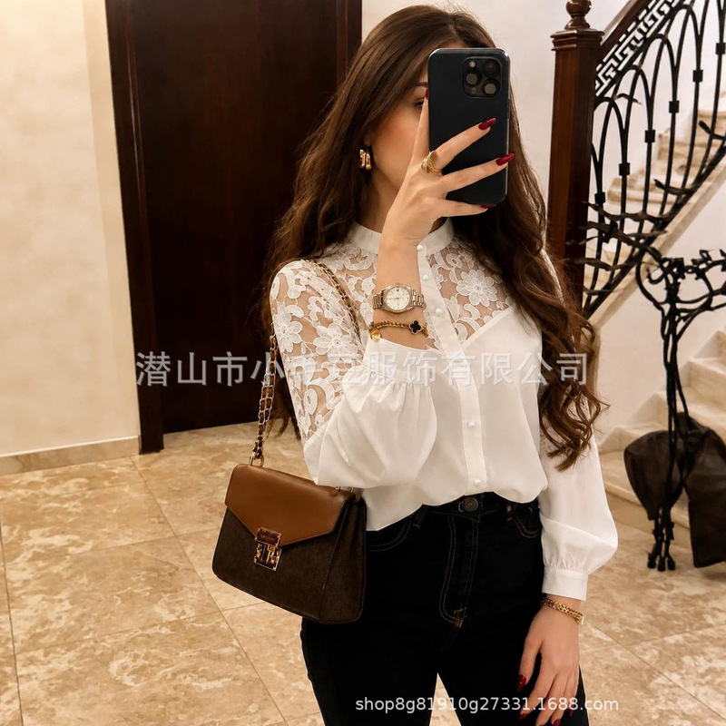 European and American cross-border women's clothing lace patchwork shirt with stand-up collar, single-breasted, lantern long sleeves, loose fit, elegant commuter top