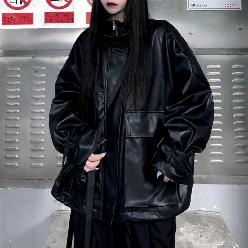 Ретро-гавань стиль дизайн чувство шнуровки с длинными рукавами ПУ кожаная одежда студентки корейской версии весны и осени свободная дикая куртка с длинными рукавами