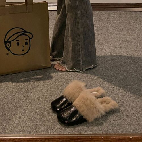 Foreign style, fluffy slippers, women's autumn and winter, new style, flat, lazy Muller, fluffy, baotou half slippers
