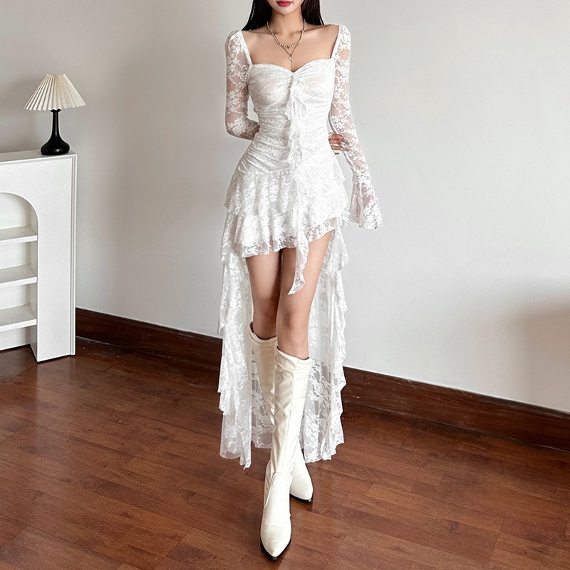 Cross-Border European and American Style 2026 Summer New Women's Fashion Solid Color High-Waisted Square-Neck Long-Sleeve Lace Patchwork Dress