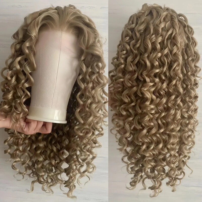 Women's Long Golden Curly Wig, Synthetic Ash Blonde Curly Hair, Heat-Resistant Fiber Wig