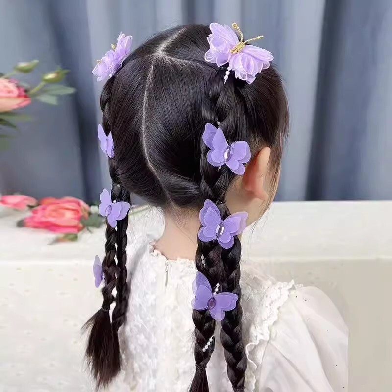 小さな女の子の新しいレトロな子供用バタフライクリップパールチェーン編み込みヘアピンプリンセス妖精ヘッドフラワーヘアバンドヘッドドレス|undefined