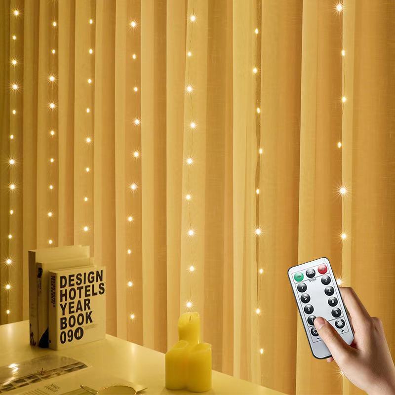 カーテンストリングライト、300 LED 8照明モード妖精銅ライト、リモコン付き、USB電源アンチ|undefined