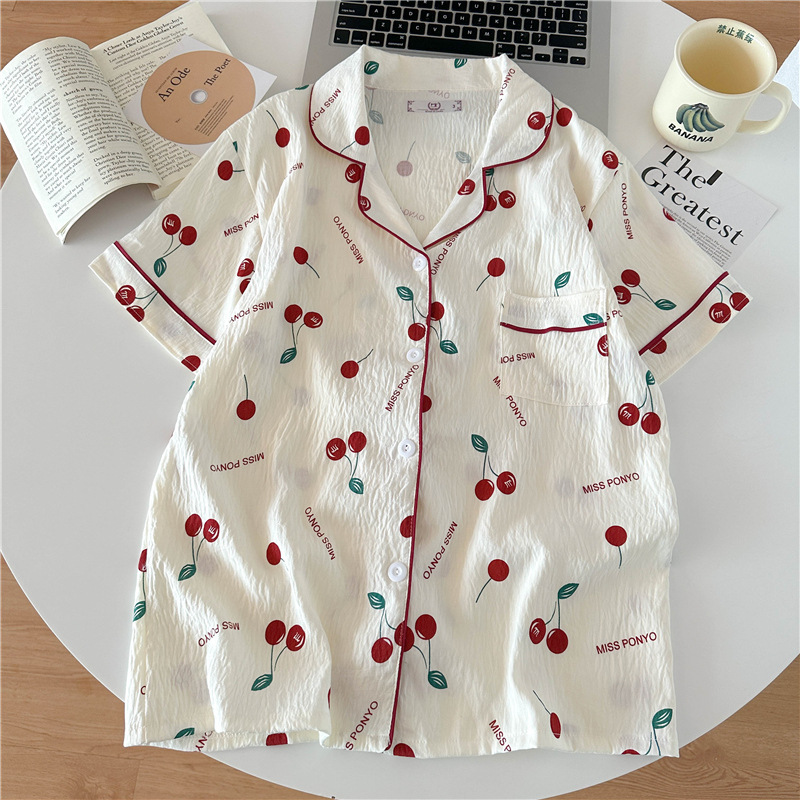 Nube de algodón pijama de mujer impresa cardigan dos piezas de verano nuevo dormitorio grande suelto se puede usar ropa de hogar