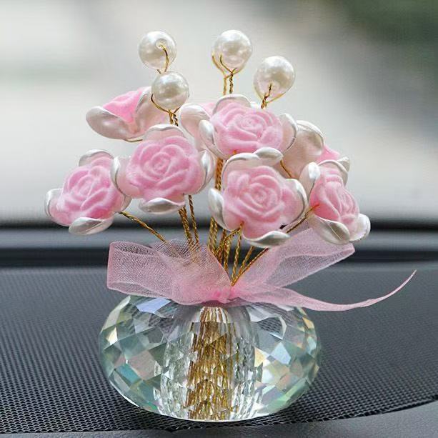 Car Accessories, Crystal Rose Flower on the Car Dashboard, Crystal Lucky Flower, Baby's Breath, Exquisite Car Interior Modification