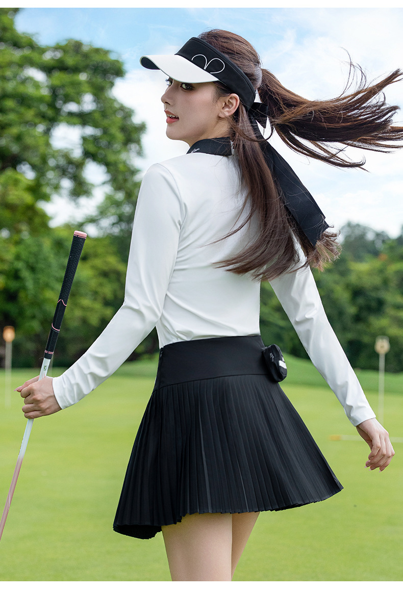 Áo lớp lót golf nữ tay dài cổ phối màu, thoáng khí thấm mồ hôi — Tay áo dài màu xanh nhạt [thoáng khí và thấm mồ hôi/dây kéo sau/cổ áo chặn màu bất đối xứng] YF841 chi tiết 15