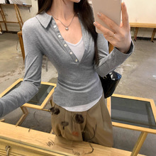 假两件撞色长袖T恤女2025秋季新款修身显瘦百搭打底衫polo领上衣