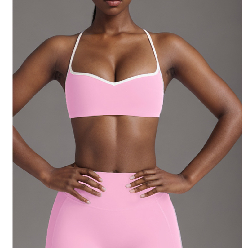 Procesamiento personalizado OEM comercio exterior europeo y americano transfronterizo belleza espalda deporte contraste color sujetador melocotón cadera alta cadera elástica pantalones de yoga