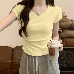 Cream Yellow Top V-Neck Right Shoulder Short-Sleeved Women's T-Shirt 2025 Summer New Slim Half-Sleeved Waist Slimming Look Niche Short