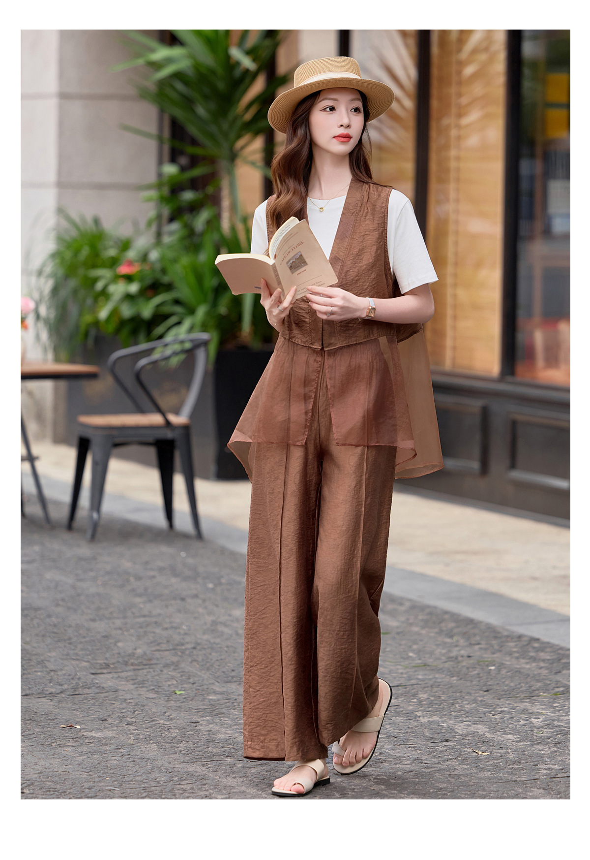 Bộ quần áo nữ V-neck vest kết hợp quần ống rộng hai mảnh mùa hè 2026 — màu đen, màu cà phê chi tiết 16