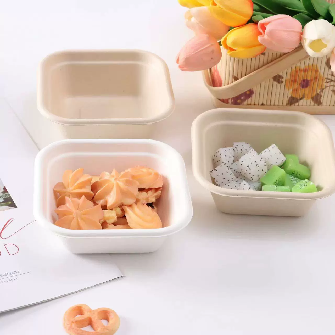 Одноразовые квадратные разлагаемые мякоти из сахарного тростника 280 мл небольшая квадратная коробка с порошком льда из мякоти из сахарного тростника