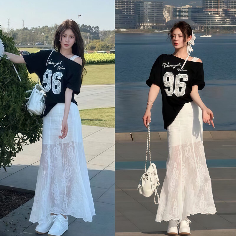 夏の美しい衣装セット 2025 新しい韓国ファッションレースオフショルダー Tシャツフィッシュテールスカート 2 点セット|undefined