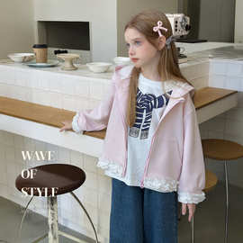 雨晨童装女童蕾丝拼接外套2025秋季新款时尚连帽拉链上衣