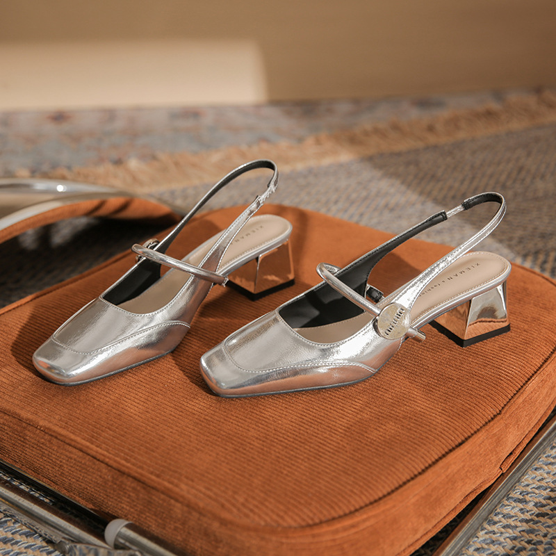 【Fengtong】5887 Classic Style Comfortable Non-Tiring Thick Heel Square Toe Closed Front Open Back Single Shoes New Women's Shoes