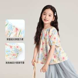 女童洋气短袖上衣衬衣2026夏装新款儿童棉盐系泡泡袖小衫花衬衫
