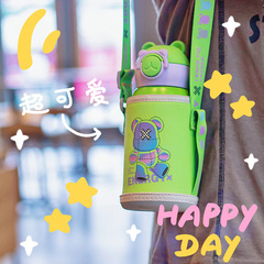Cute cartoon stainless steel children's insulated cup portable strap large belly straw bottle student's personal drinking cup