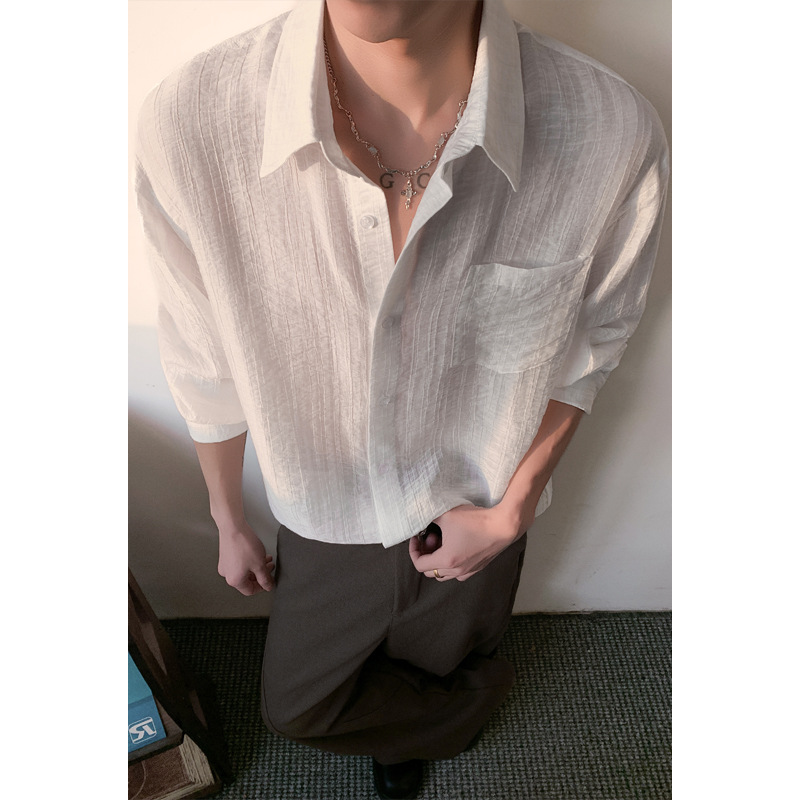 Hong Kong-style Retro Textured Thin Shirt, 2026 Spring New Model, Large Size, Solid Color, Collared, Long-sleeved,_voghion.com
