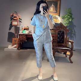 3026大码女装夏季套装减龄女神范新中式复古提花国风修身上衣裤子