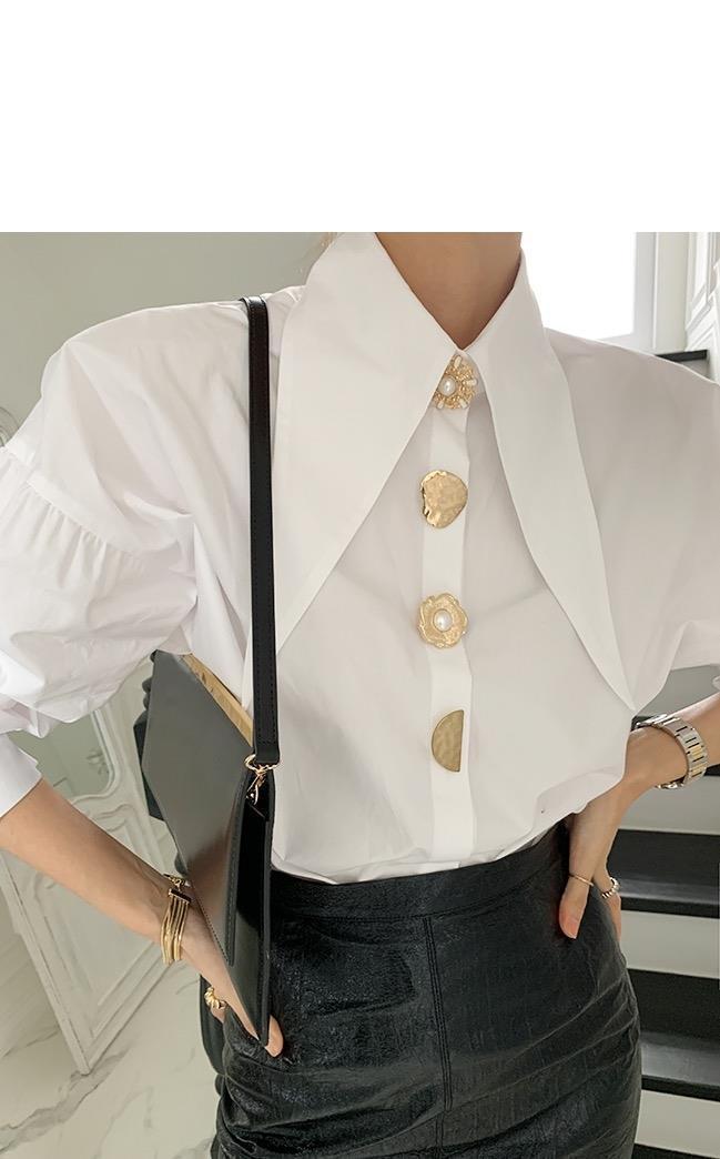 Pointed Collar Blouse for Women White Shirt with Abstract Print Office-to-Date A-Line Top Single Button Closure XS-3XL_voghion.com