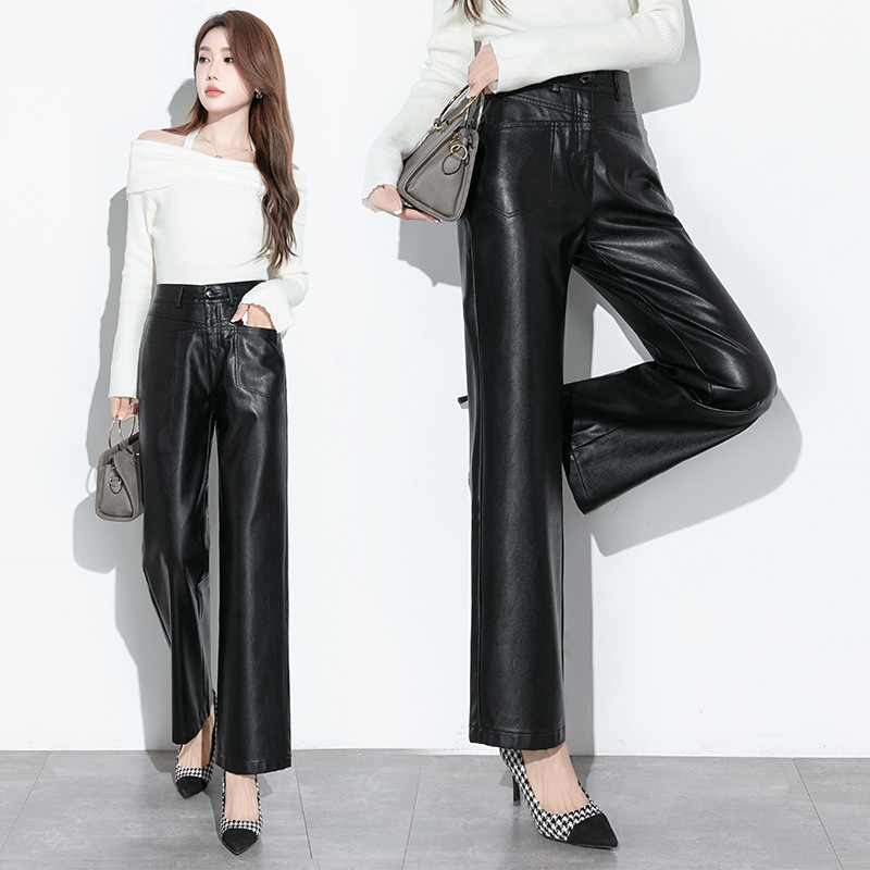2025秋冬季海宁全皮皮裤女高腰显瘦垂感绵羊皮休闲直筒加绒阔腿裤