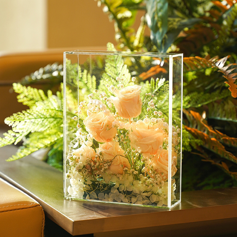 Caja de regalo de amor portátil de espejo personalizado al por mayor flores CD caja de flores de acrílico transparente caja de regalo de tapa de cesta de flores