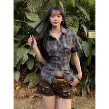 美式辣妹露背绑带格子衬衫女春夏新款修身显瘦可拆卸袖套小众上衣