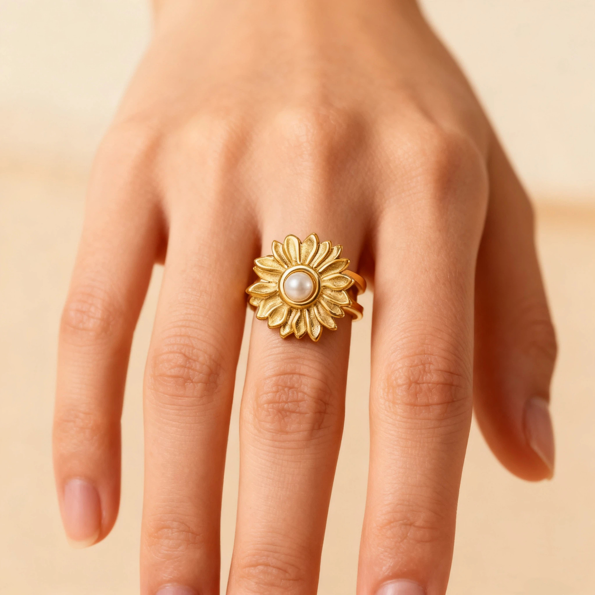 French, Vintage, Graceful, Timeless Vintage Elegant Pearl Sunflower Ring French Style Stainless Titanium Steel Gold Plated Jewelry Wholesale_voghion.com