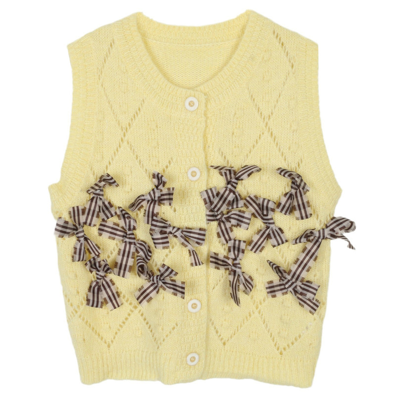 Spring and Autumn 2024 New V-neck Three-dimensional Bow Decorative Knitted Cardigan Vest Vest Top Simple Outer Wear