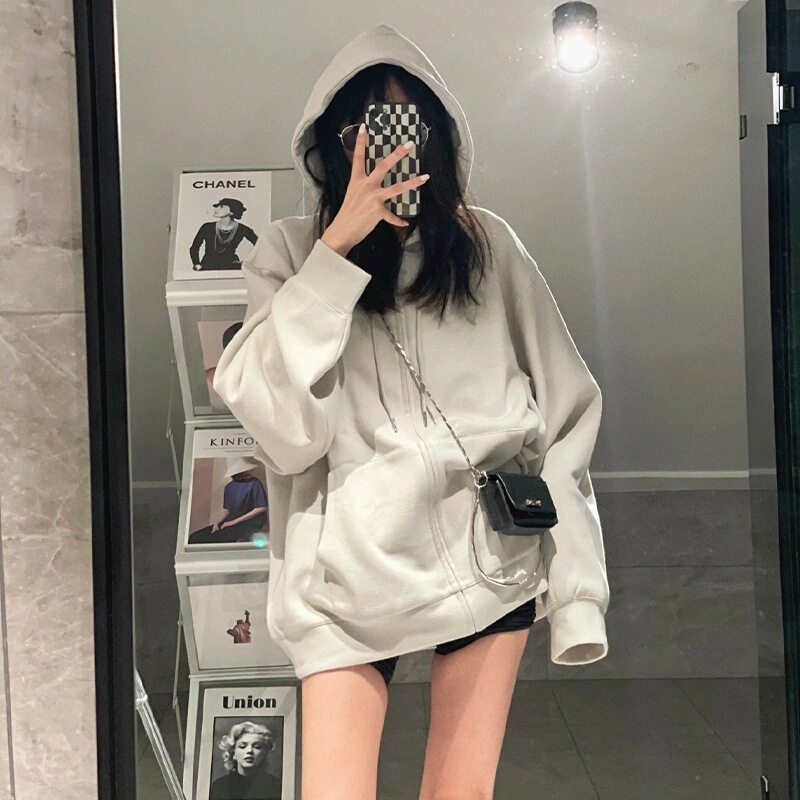 2026 European and American Retro Trendy Sweatshirt for Women, Stylish Lazy Style Gray Jacket, Zip-Up Cardigan, Unisex Long-Sleeve Shirt
