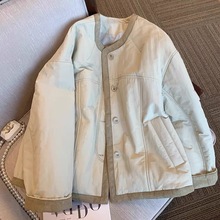 2025冬季新款韩版小清新纯色圆领单排扣夹棉保暖棉衣棉服外套女