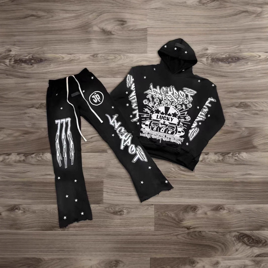 2025 Spring and Autum Export Trendy Brand New Men's High Street Trendy 3D Digital Printing Hooded Sweatshirt and Sweatpants Suit